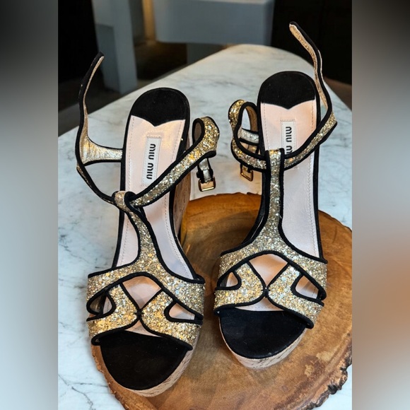 Miu Miu Shoes - Miu Miu black/ gold, gold glitter, and suede cork shoes. Nwot